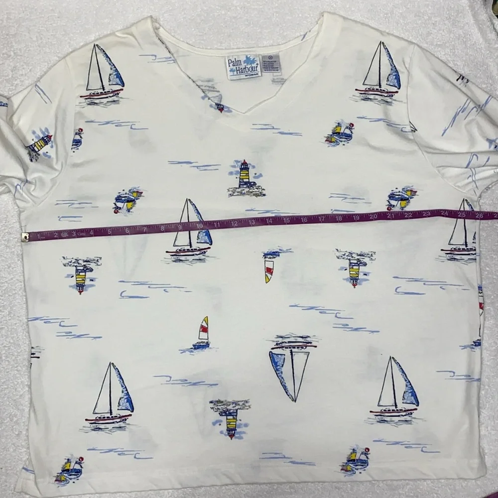 Palm Harbor White Nautical Print lighthouse sailboat vneck pullover 2x - Picture 5 of 7